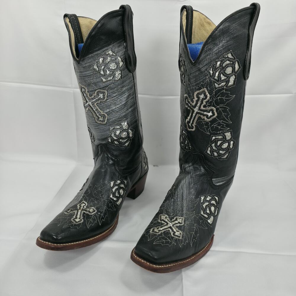 Ferrini Womens Cowboy Boots Size 9 B Black Leather Cross Rose Gothic Western